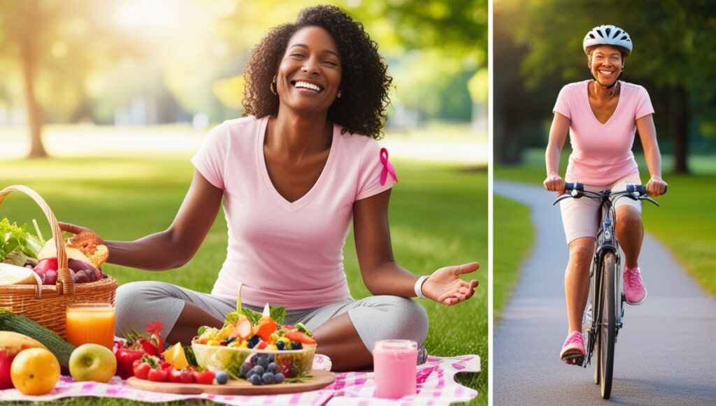 A dual image of a woman eating healthy on the left and riding a bike on the right.